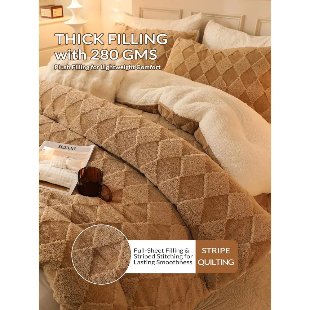 Sherpa Comforter Set – Queen Size Beige Checkered Bedding with Pillow Covers