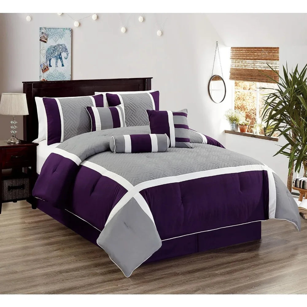 7-Piece Embroidered Oversized Comforter Set – Elegant Purple & Grey All-Season Bedding