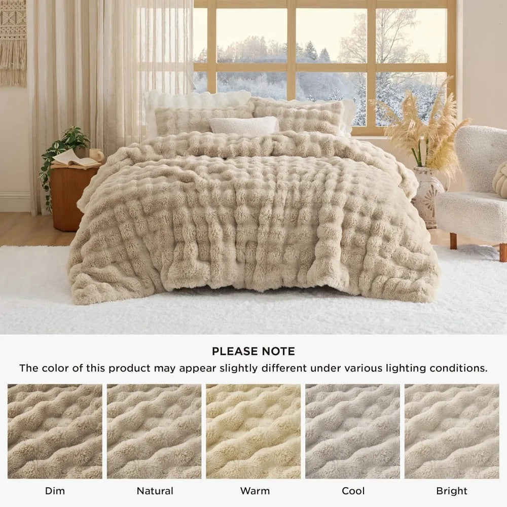 King Size Light Beige Faux Fur Fluffy Comforter Set – Plush Shaggy Bubble Bedding
