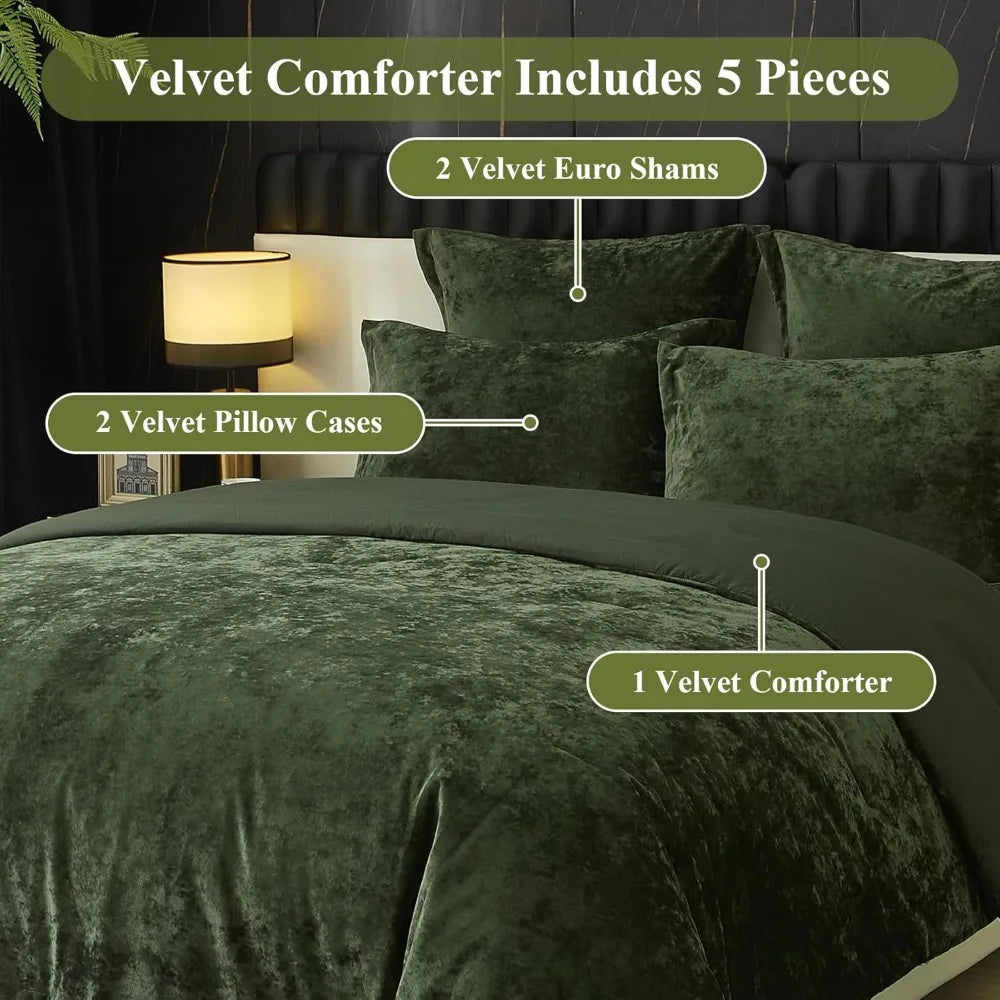 Green Crushed Velvet Comforter Set – Ultra-Soft 5-Piece Queen Bedding Collection
