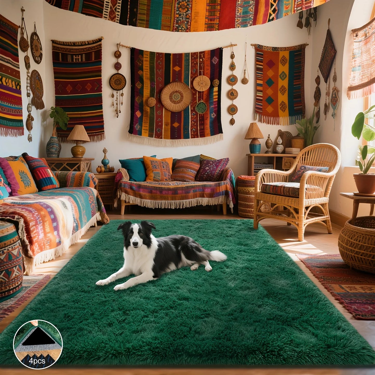 Dark Green Soft Shaggy Non-Slip Rug – Luxury Plush Carpet with 4 Rug Stickers