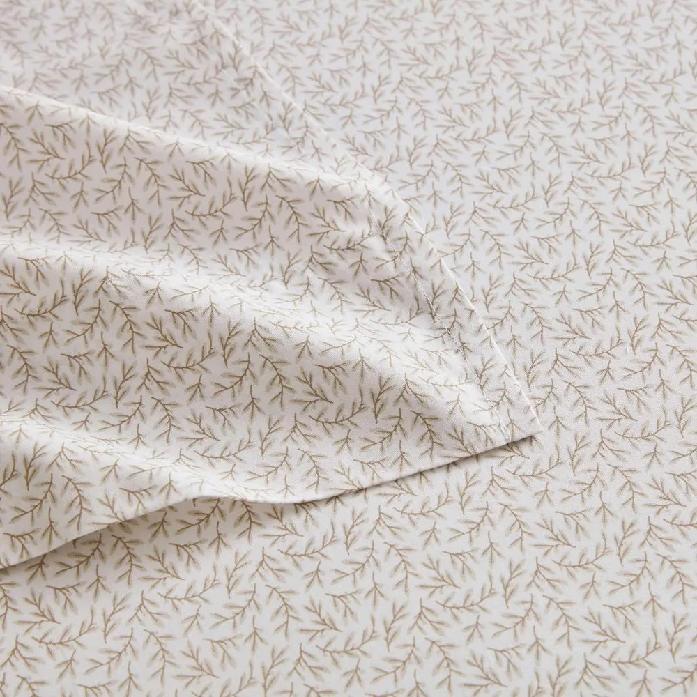 Martha Stewart Home 100% Cotton Percale Sheet Set – Queen Size (Leaves Beige)
