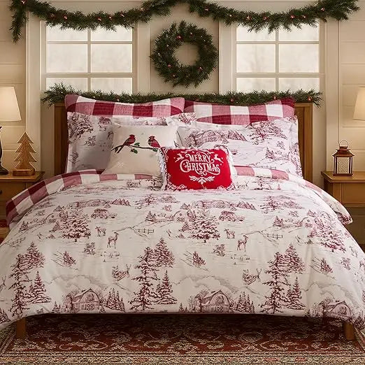 Levtex Home King Duvet Cover Set – Winter Sleigh Ride Red & Cream Reversible Bedding with 2 Shams