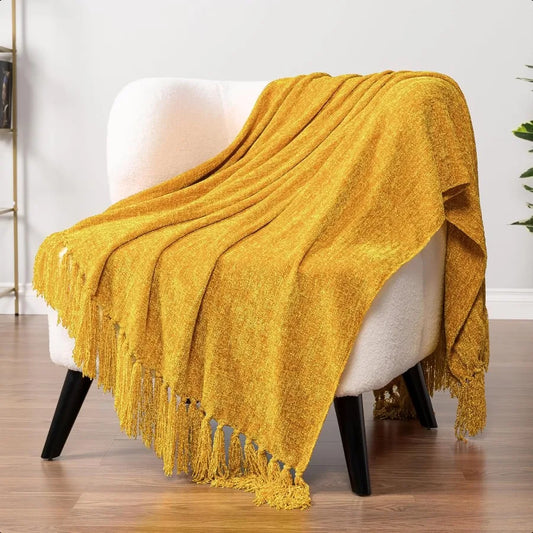 Mustard Yellow Knit Throw Blanket – 50x60 Inches, Soft Cotton with Tassels