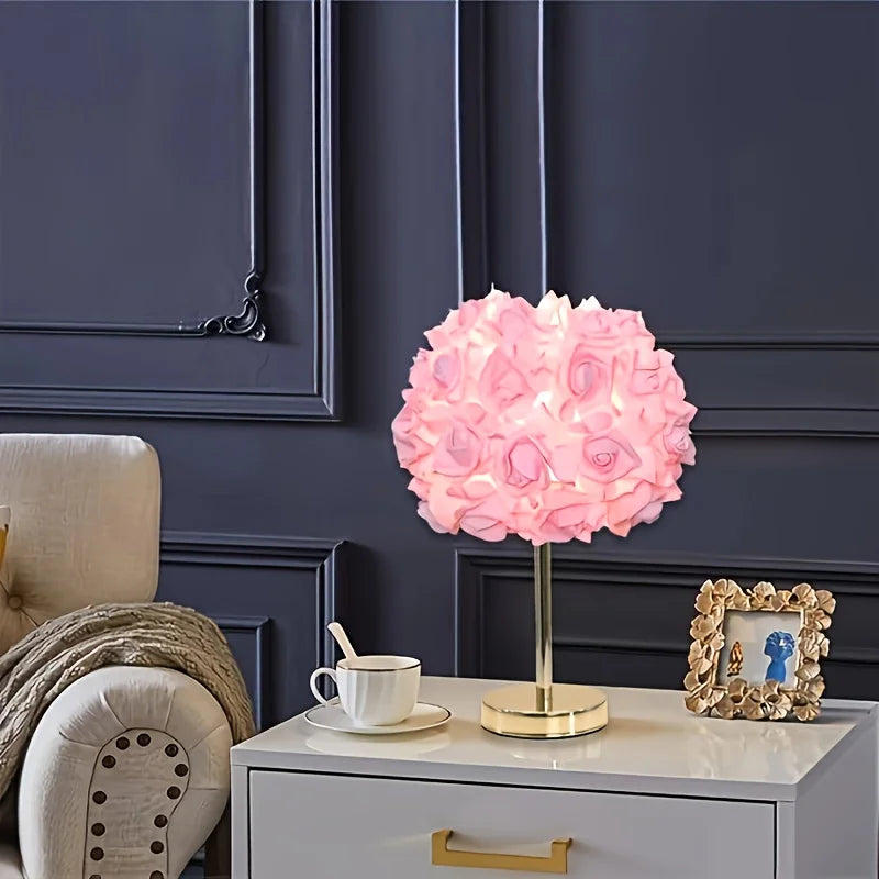 High-End LED Table Lamp with 52 Rose Flower Shade – Polished Metal Base