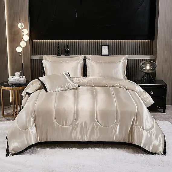 Luxury Satin King Comforter Set – Beige & Black Ruffle Bedding