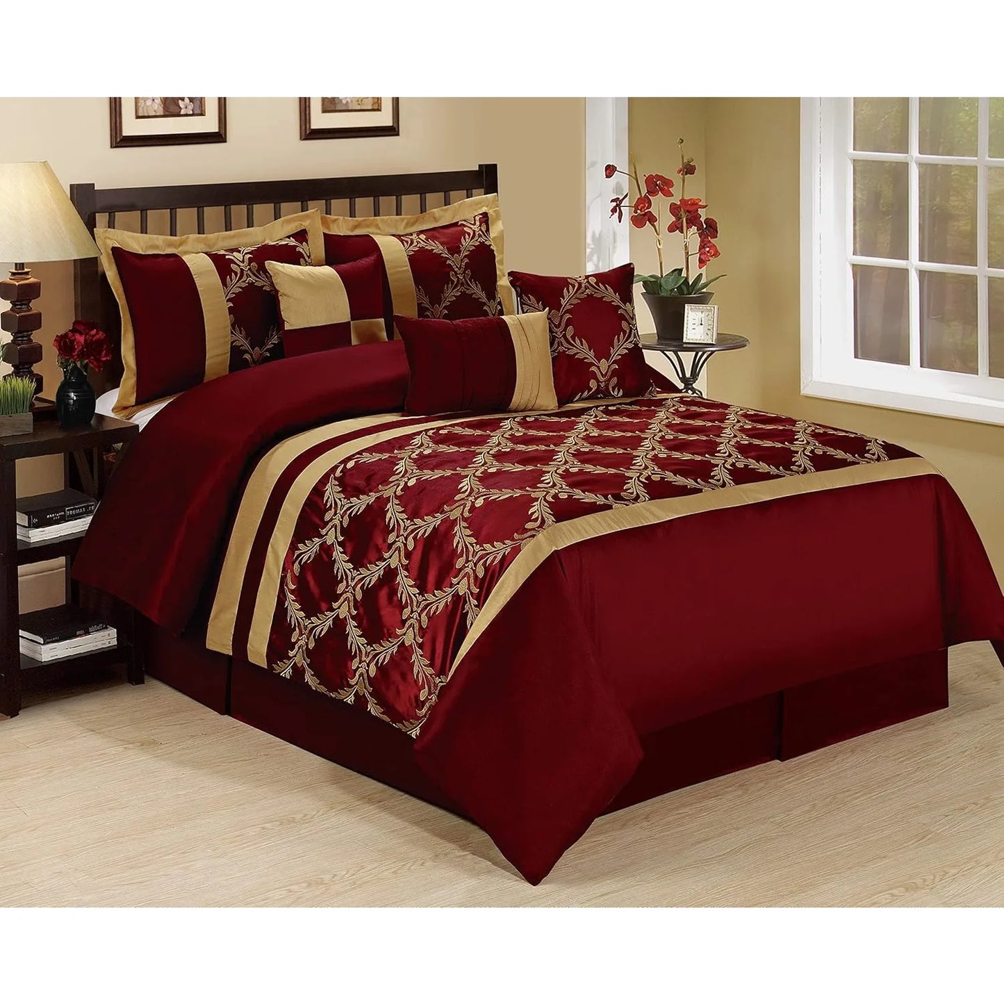Burgundy & Gold 7-Piece Faux Silk Comforter Set – King