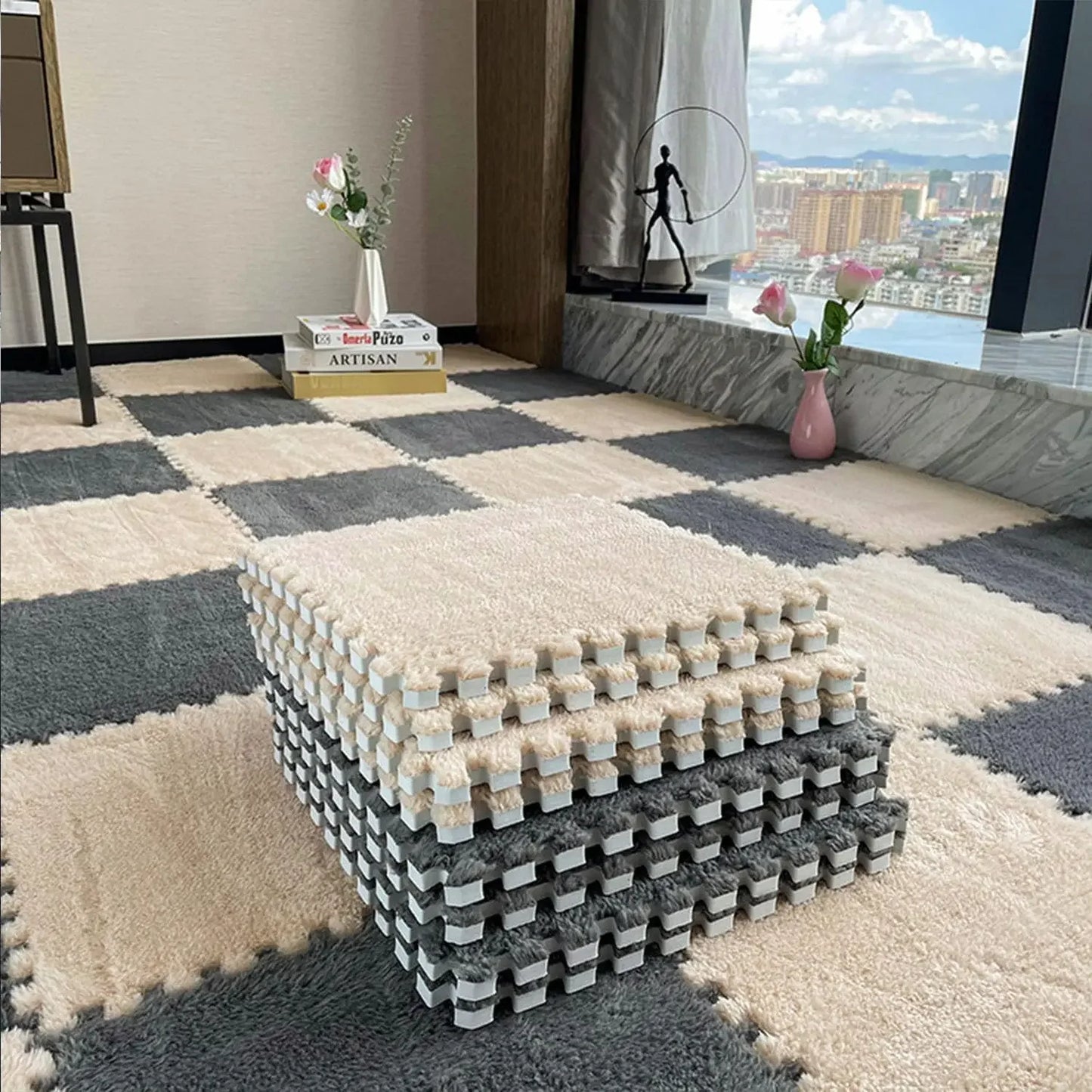 30×30CM Soft Plush Kids Carpet – 10PCS Interlocking Foam Play Mat Tiles for Children