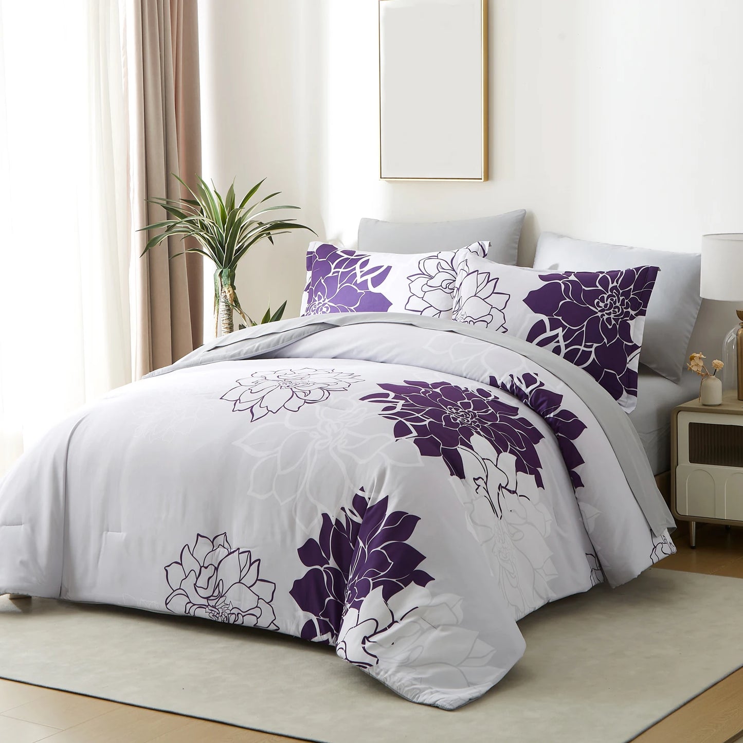 Comforter Set - 7 Pieces Floral Bedding Sets with Reversible Botanical Flowers Comforter, Sheets, Pillowcases & Shams