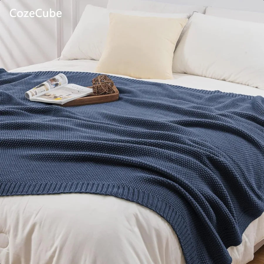 Blue Cable Knit Throw Blanket – Soft Cotton, Cozy & Lightweight