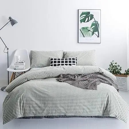 Green Gingham King Size Duvet Cover Set – 3 Piece  100% Cotton | Washed for Softness | Plaid Bedding with Zip Closure