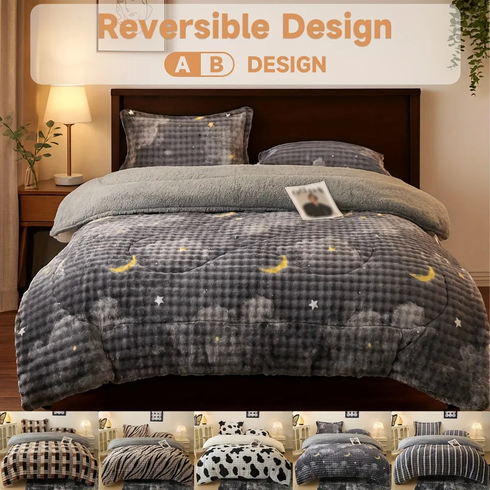 Bohemian Plush Faux Rabbit Fur Quilt Set – 3-Piece All-Season Bedding