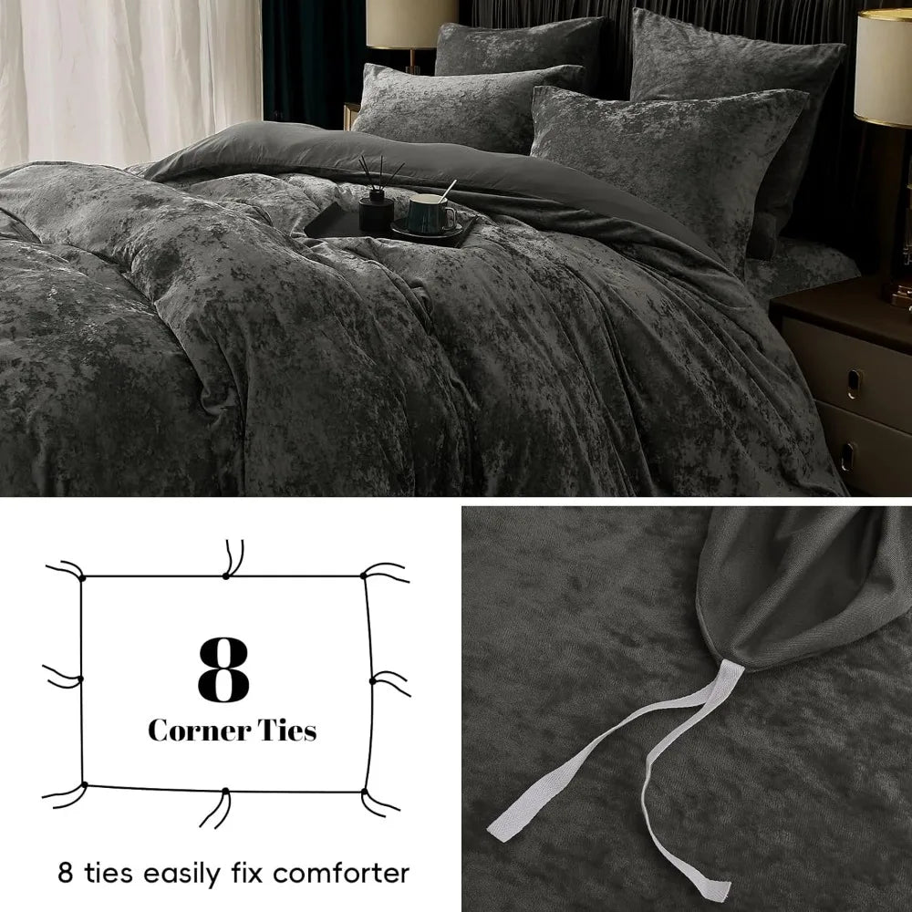 Queen Velvet Duvet Cover Set – 3-Piece Ultra Soft Dark Grey Flannel Bedding