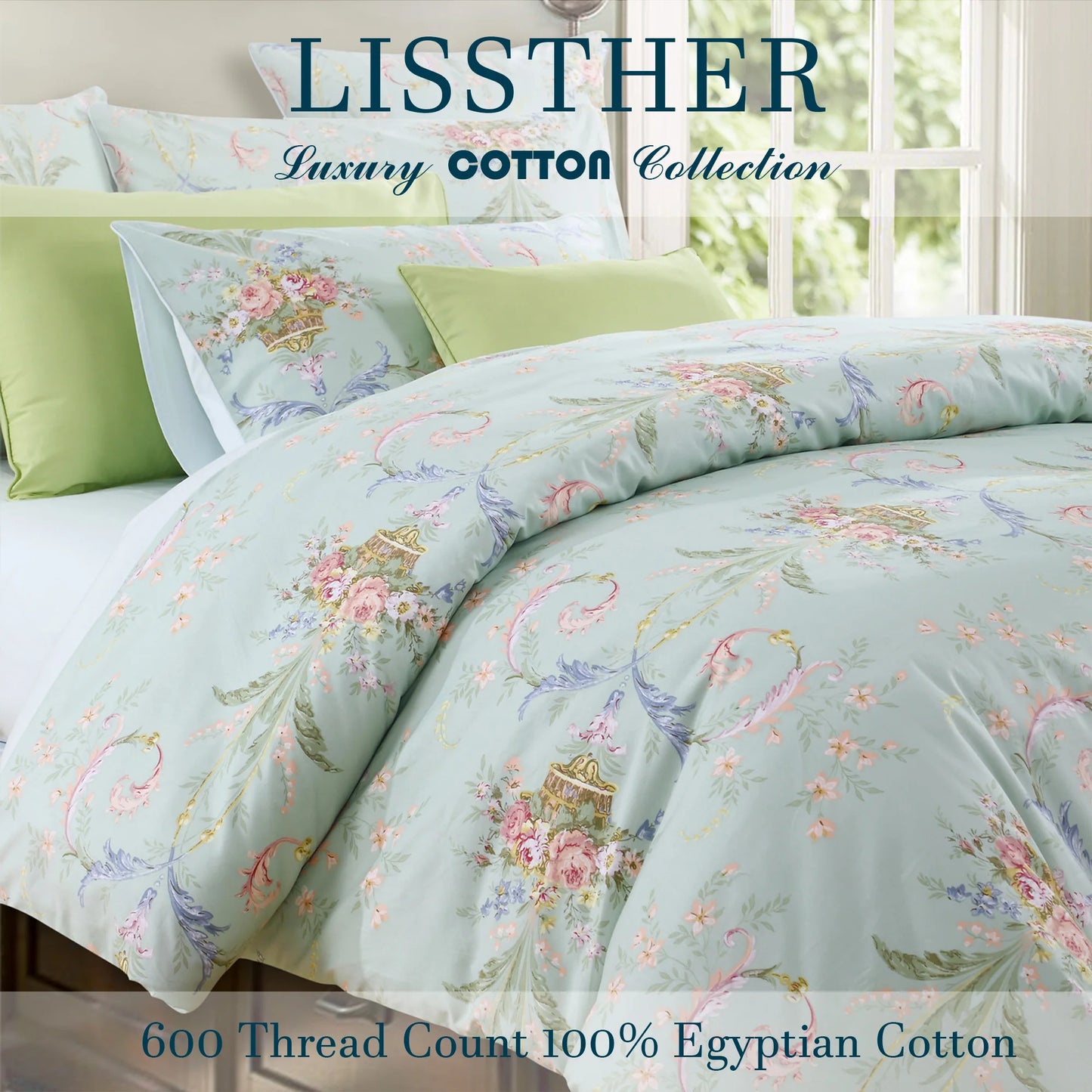 3-Piece 600TC Egyptian Cotton Duvet Cover Set Soft Breathable Floral Bedding
