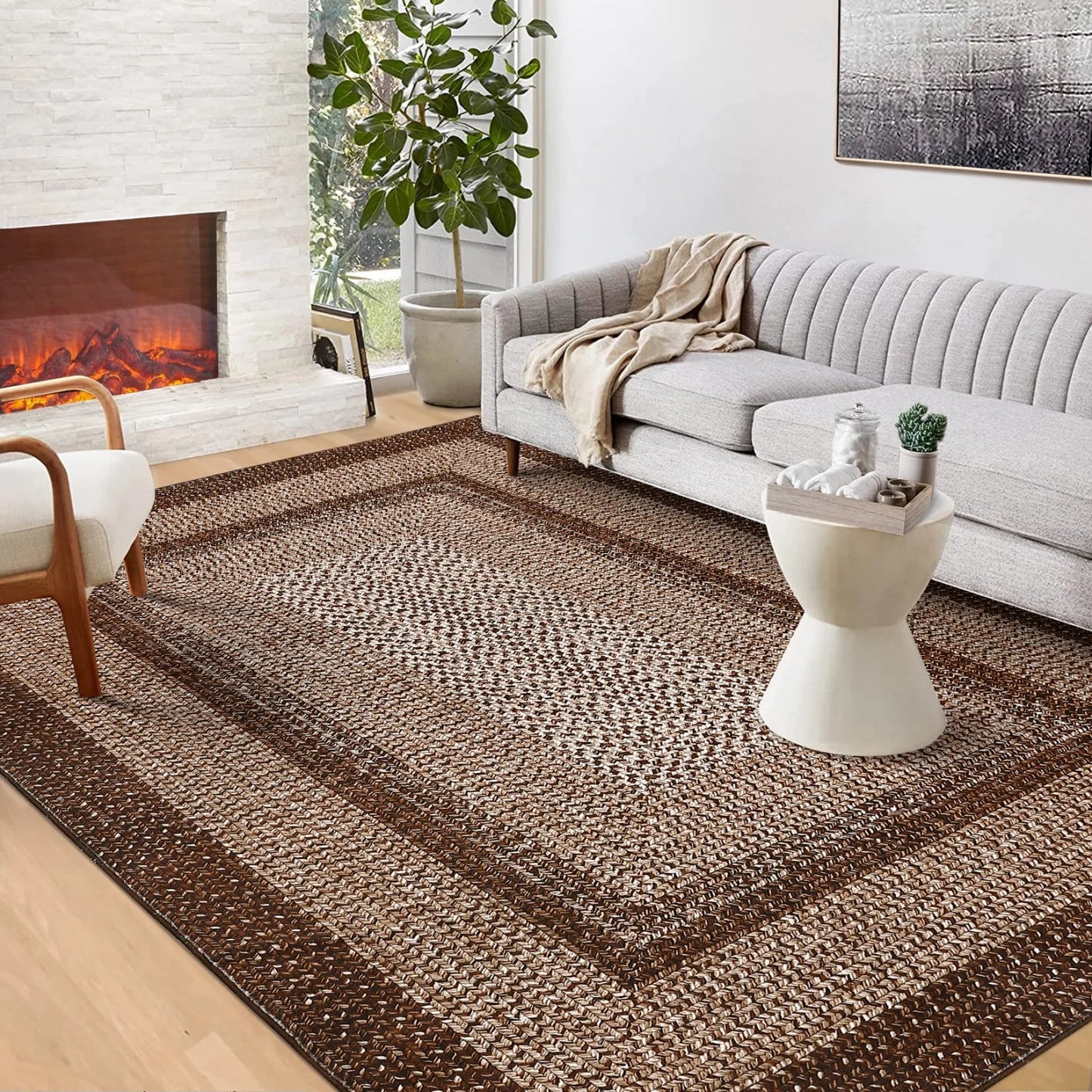 Modern Braided Print Washable Area Rug – Soft Low-Pile Non-Slip Carpet