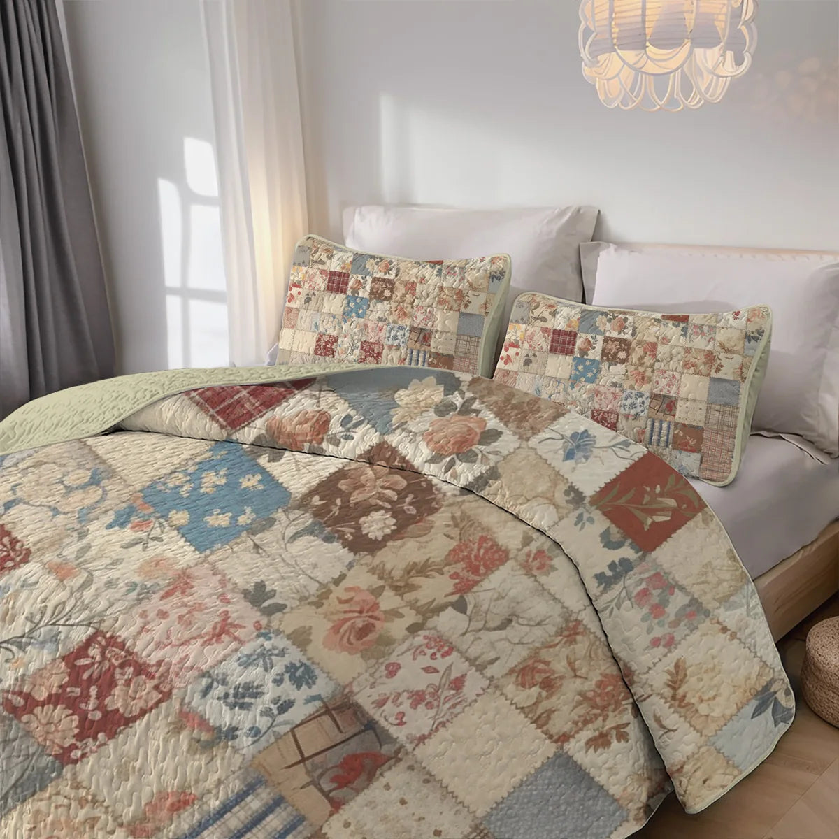 2/3-Piece Geometric Grid Printed Quilt Set – Cal King Size, Lightweight & Breathable