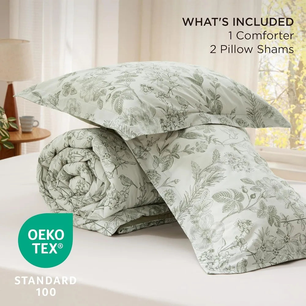 King Size Floral Comforter Set – Sage Green (3-Piece)  100% Cotton & Microfiber Filled Bedding with Reversible Design