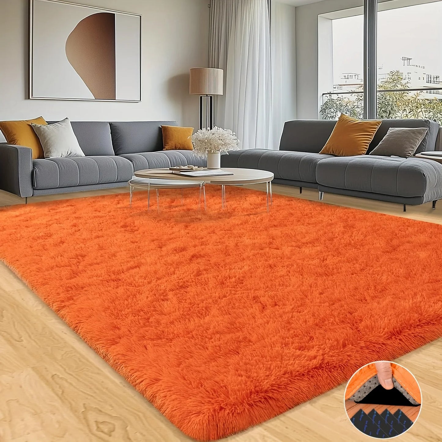 Orange Soft Shag Rug Luxury Plush Non-Slip Carpet with 4 Stickers