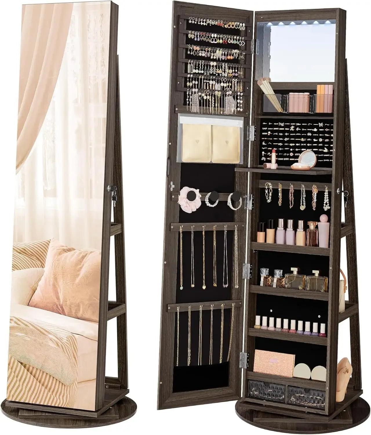 6-LED Lockable Jewelry Cabinet with Full-Length Mirror