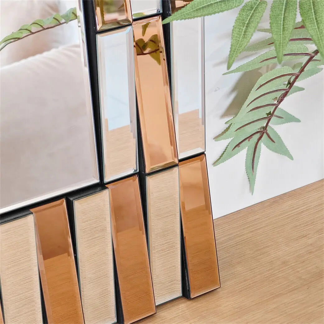 Rectangular Sunburst Wall Mirror – Silver & Tawny Beveled Glass Accent Mirror, Vertical or Horizontal Hanging
