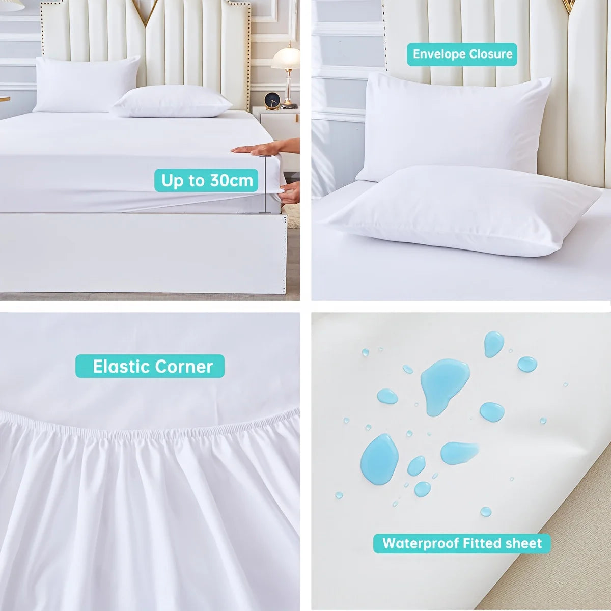 3/4-Piece Solid Bedding Set – Waterproof Fitted Sheet, Flat Sheet & Pillowcases