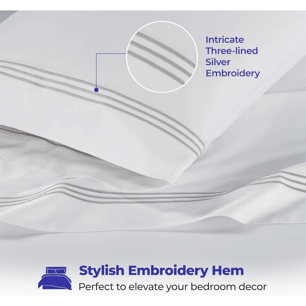 King Size 100% Cotton Sheet Set – White with Silver Embroidery