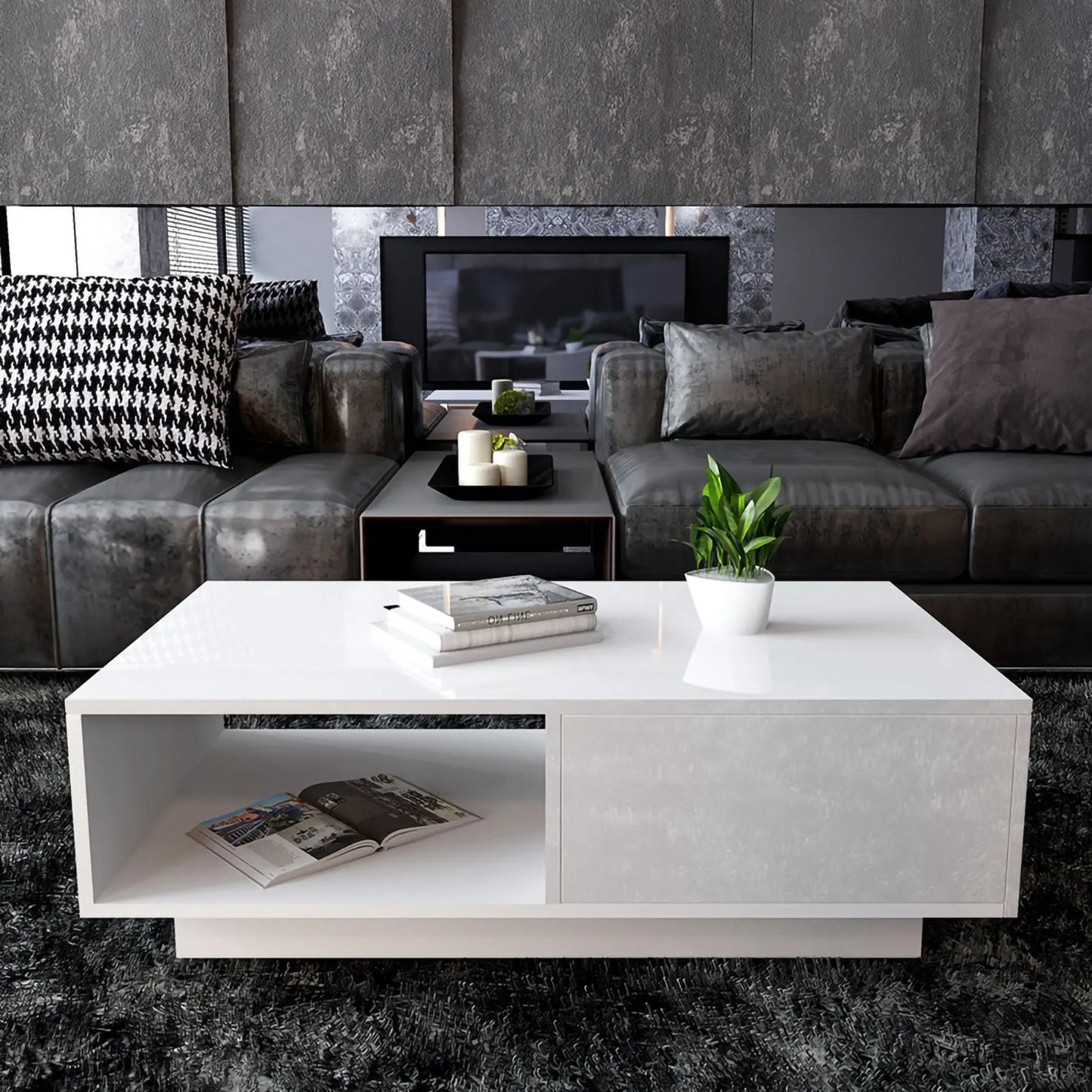 Modern High-Gloss Rectangular Coffee Table – LED Light & Remote