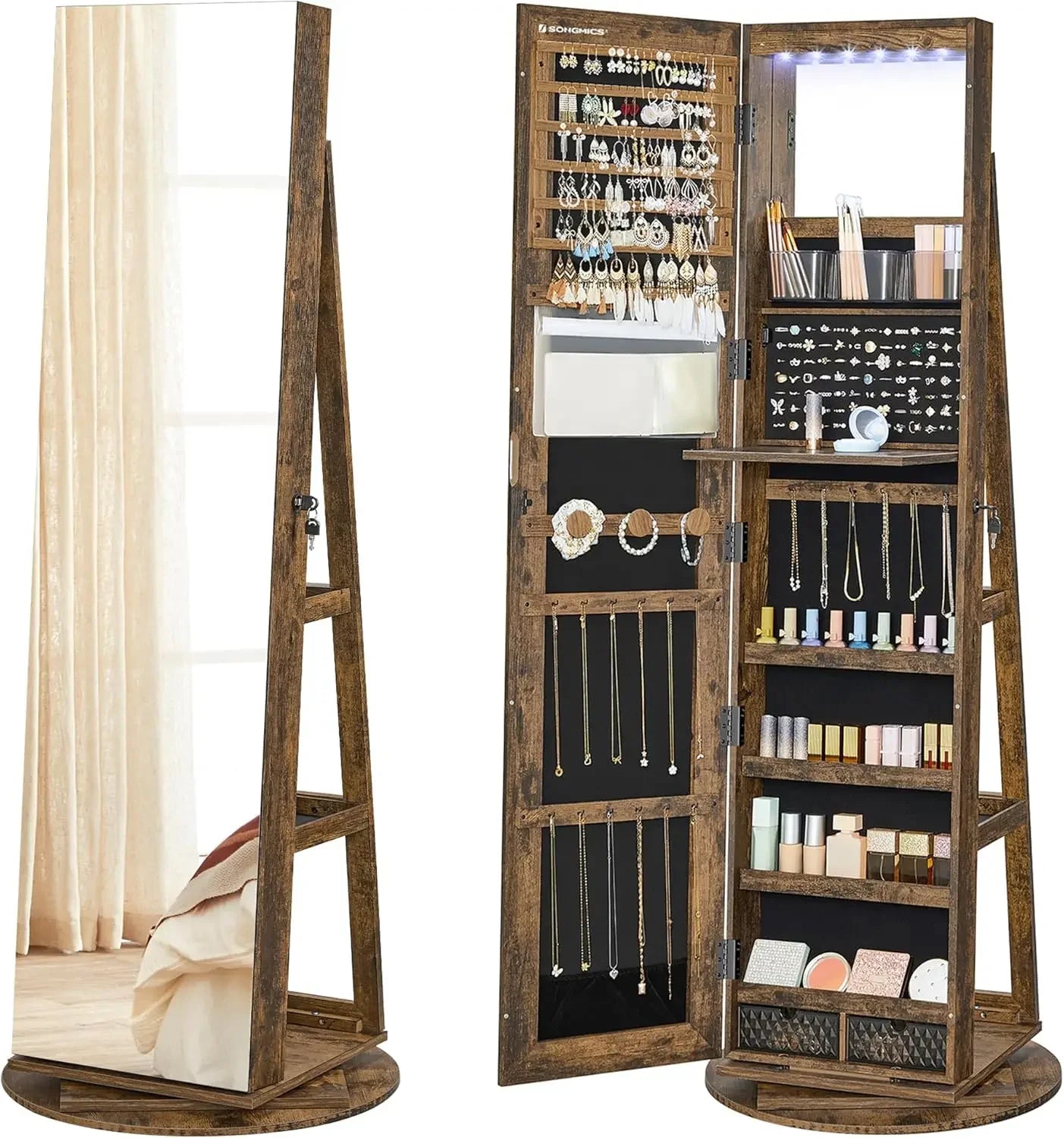 6-LED Lockable Jewelry Cabinet with Full-Length Mirror