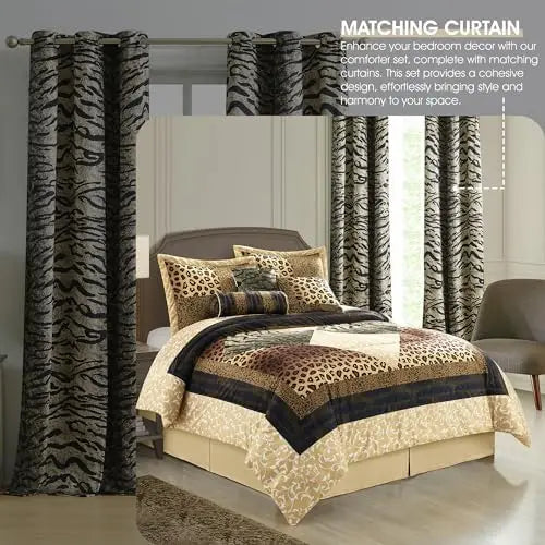 Brown & Gold Leopard King Comforter Set – 9-Piece Safari Animal Print Bedding with Bed Skirt, Pillows & Curtains