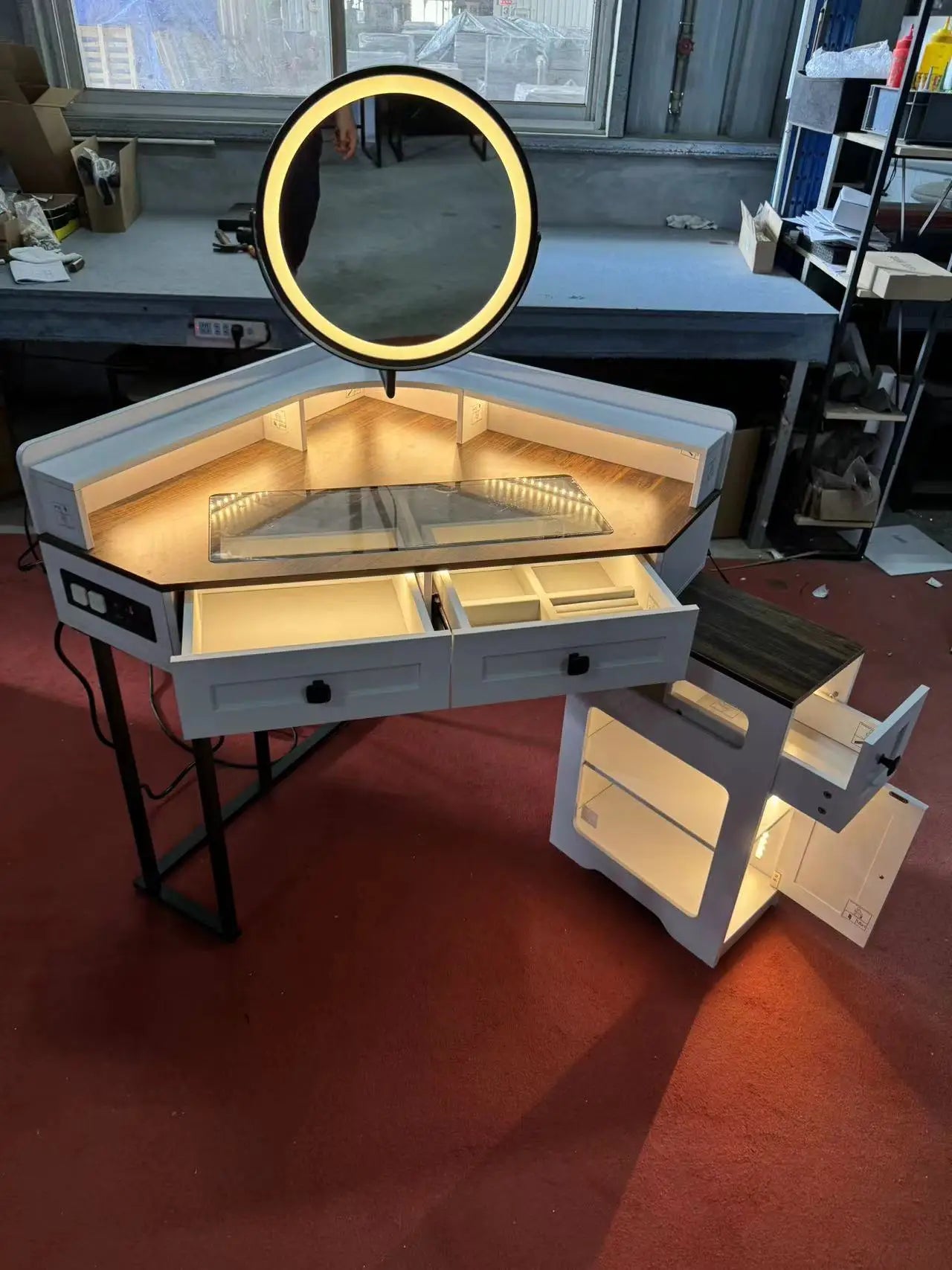 Corner Vanity Desk with Mirror & Lights – Modern Makeup Station