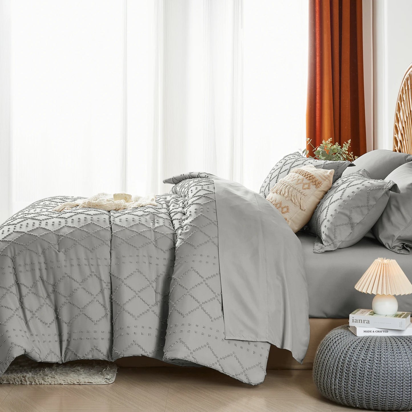 Tufted Boho Comforter Set – Farmhouse Shabby Chic Embroidery, Soft Jacquard