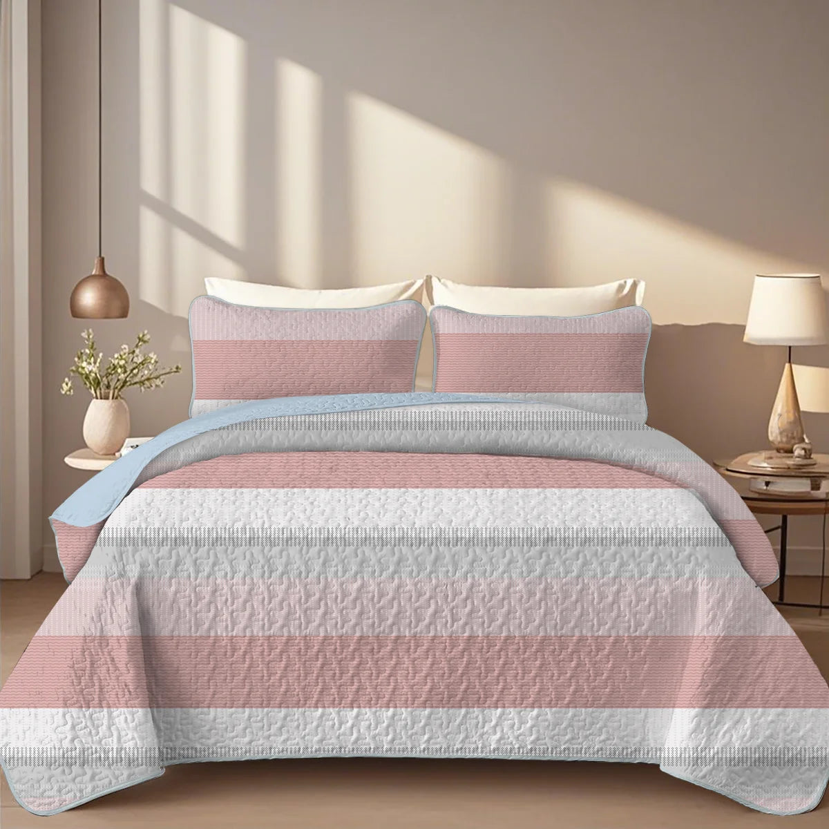 🛏️ 2/3-Piece Geometric Stripes Printed Quilt Set – Cal King Size  Durable | Breathable | Unique Summer Bedding Set