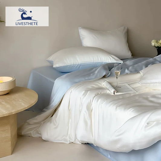 Liv Esthete 100% Silk 4-Piece Bedding Set – White Blue | Duvet Cover, Flat Sheet & 2 Pillowcases