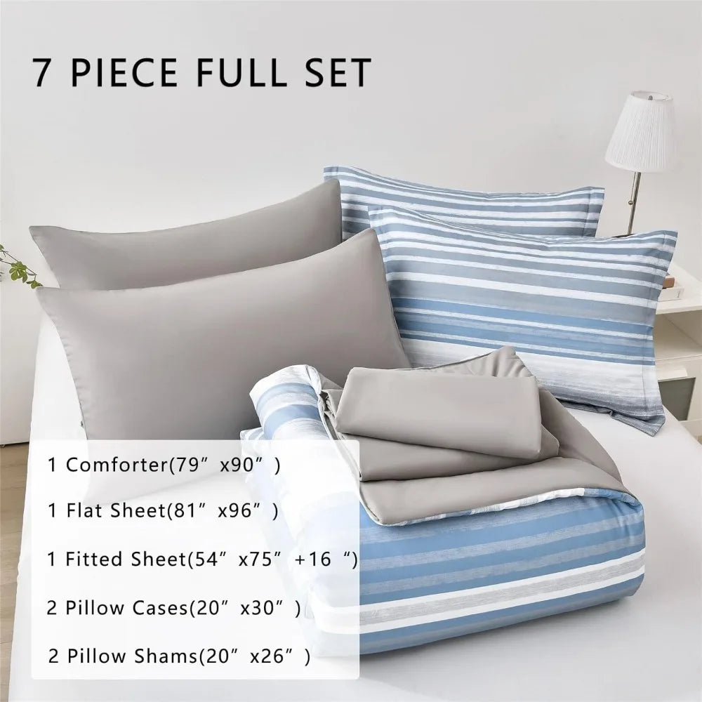 Full Size 7-Piece Striped Comforter Set – White, Grey & Blue All-Season Bedding Set with Sheets and Pillowcases