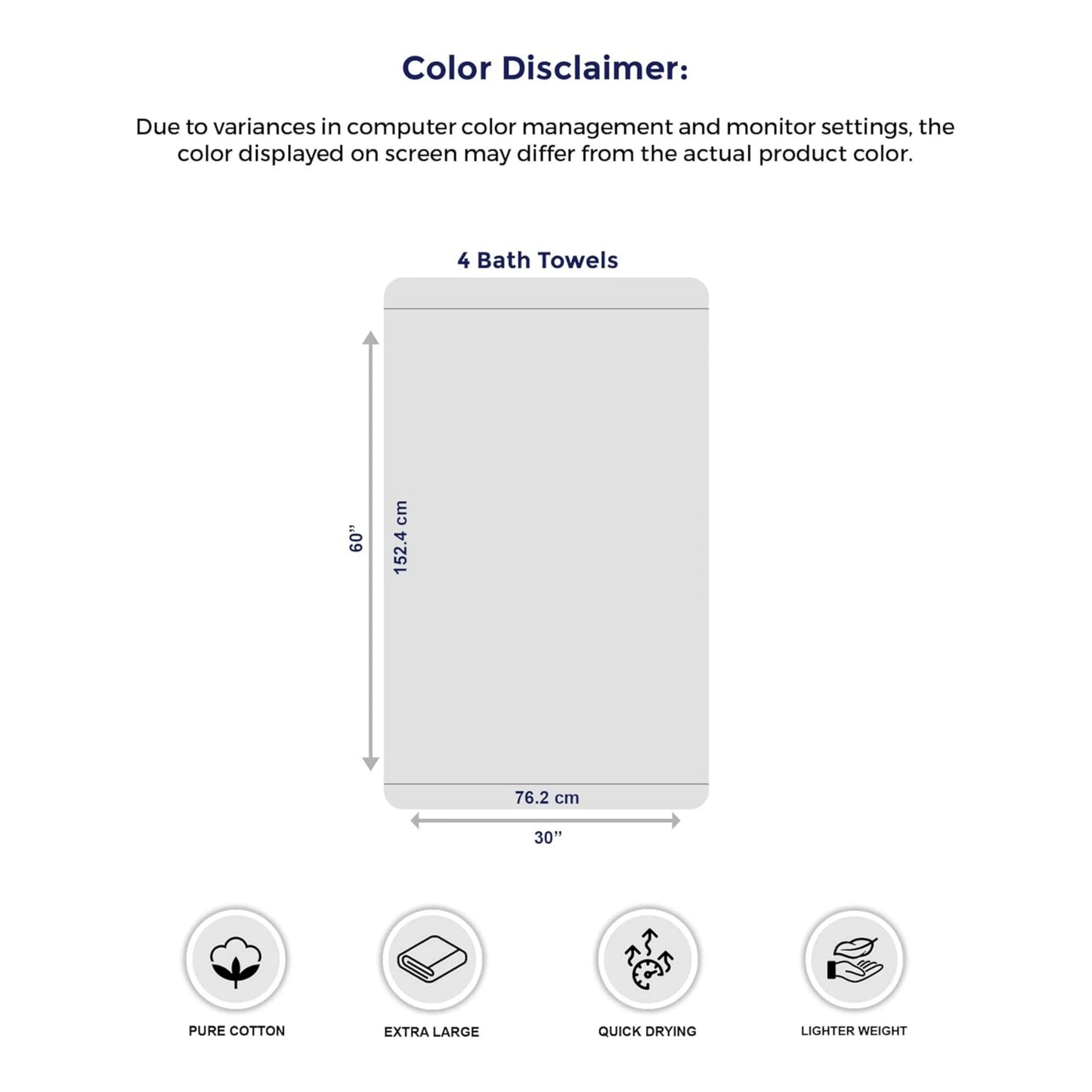 Pack of 4 XL Cotton Bath Towels – 30x60”, Soft, Lightweight & Quick-Drying