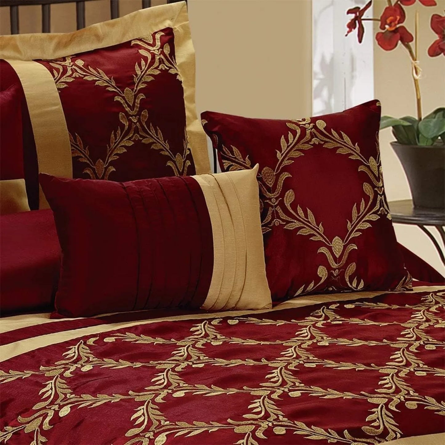 Burgundy & Gold 7-Piece Faux Silk Comforter Set – King