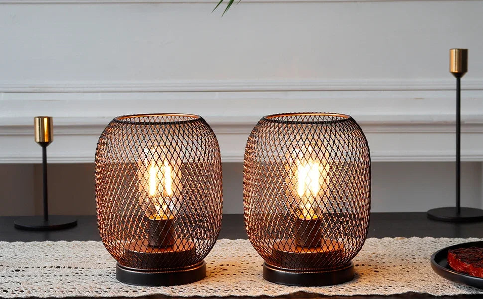 Set of 2 Metal Cage LED Candle Lanterns – Battery-Powered Decorative Table Lamps for Indoor or Outdoor Use
