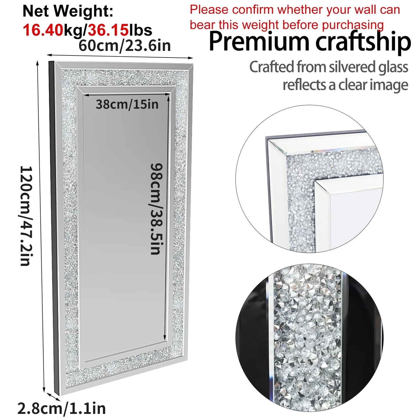 120x60cm Crystal Crush Diamond Wall Mirror – Silver Rectangular Decorative Mirror for Bathroom, Bedroom, Dining Room, and Living Room