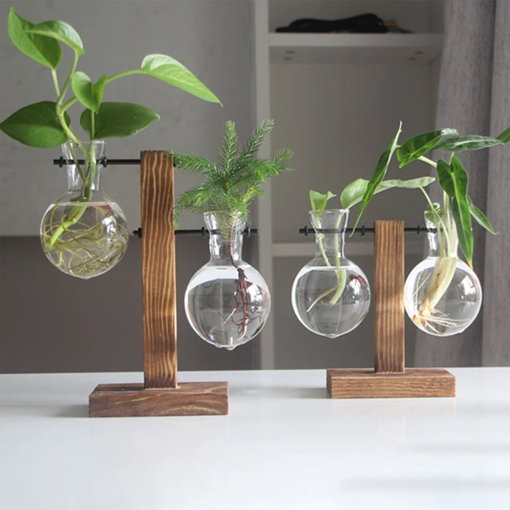 Vintage Wooden Terrarium Vase – Desktop Hydroponic Planter with Glass Bulb Design