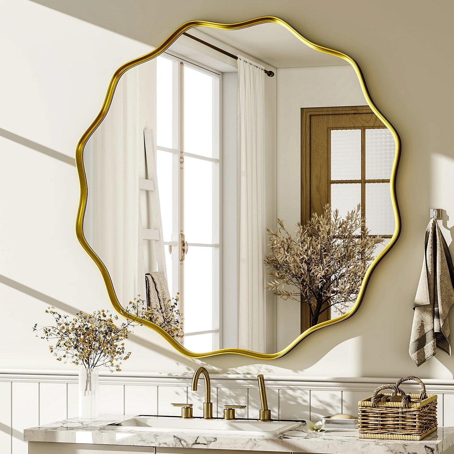 Wavy Round Bathroom Wall Mirror – Decorative Deep Frame