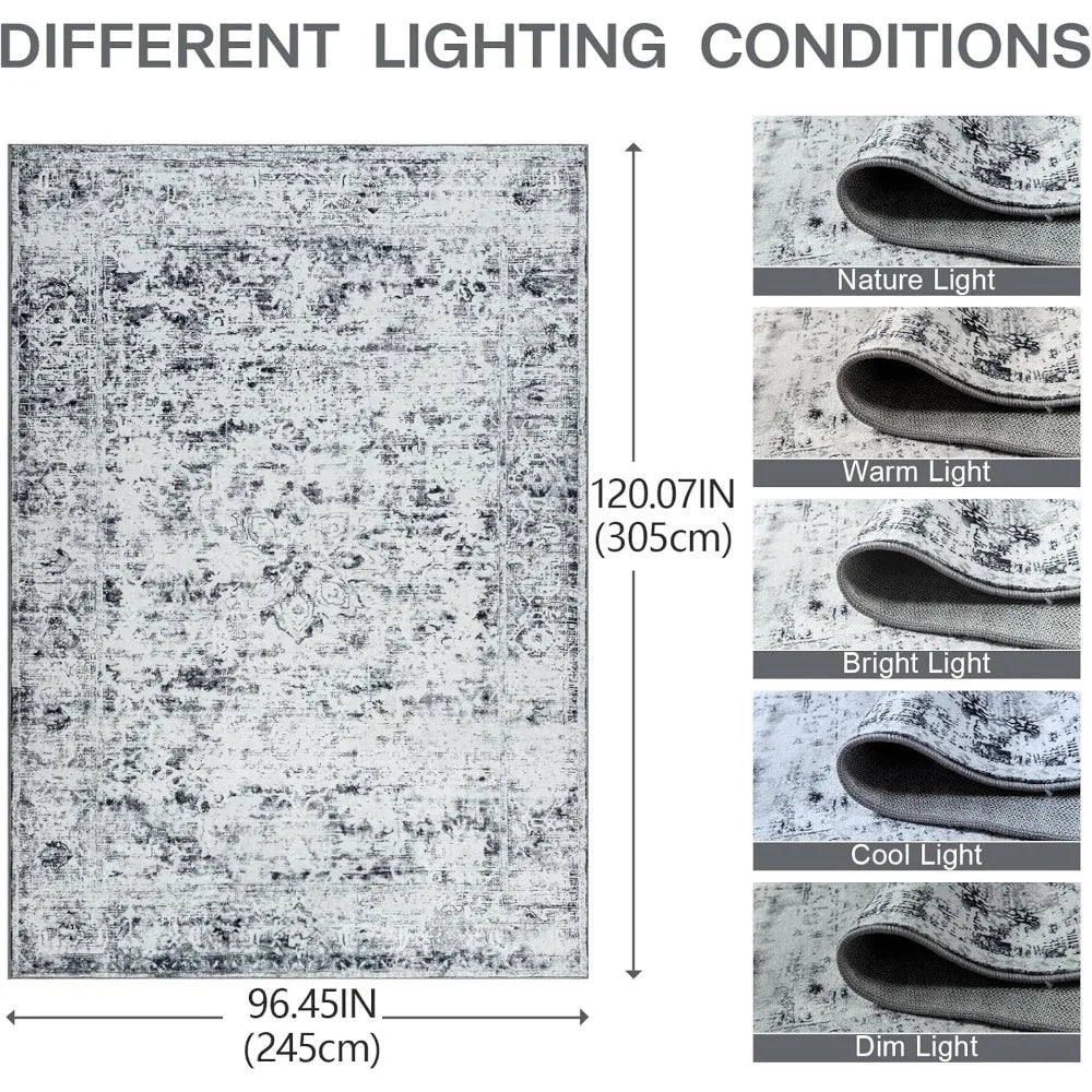 Large 8x10 Living Room Rug – Washable Grey and White Vintage Abstract Boho Low Pile Carpet with Non-Slip Backing