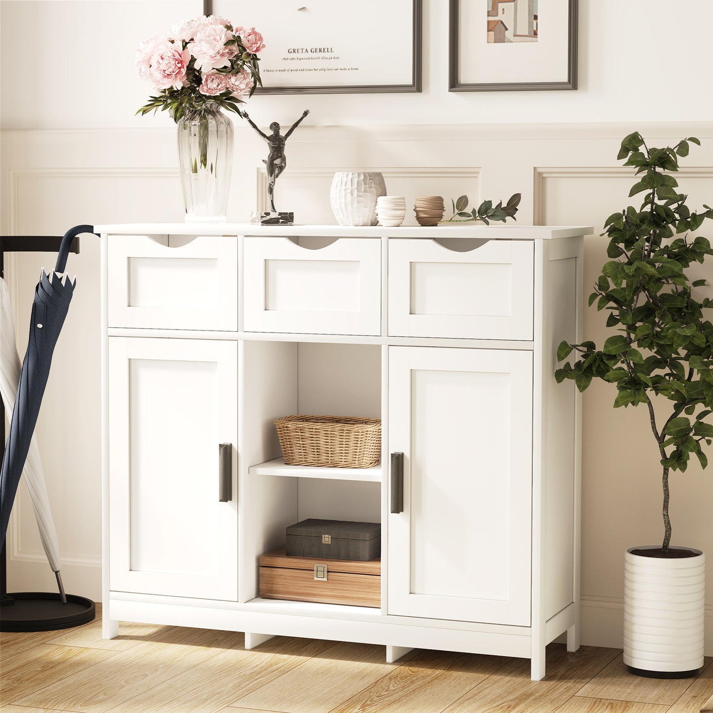 White Storage Cabinet with Drawers & Shelves – Versatile Home Décor Furniture