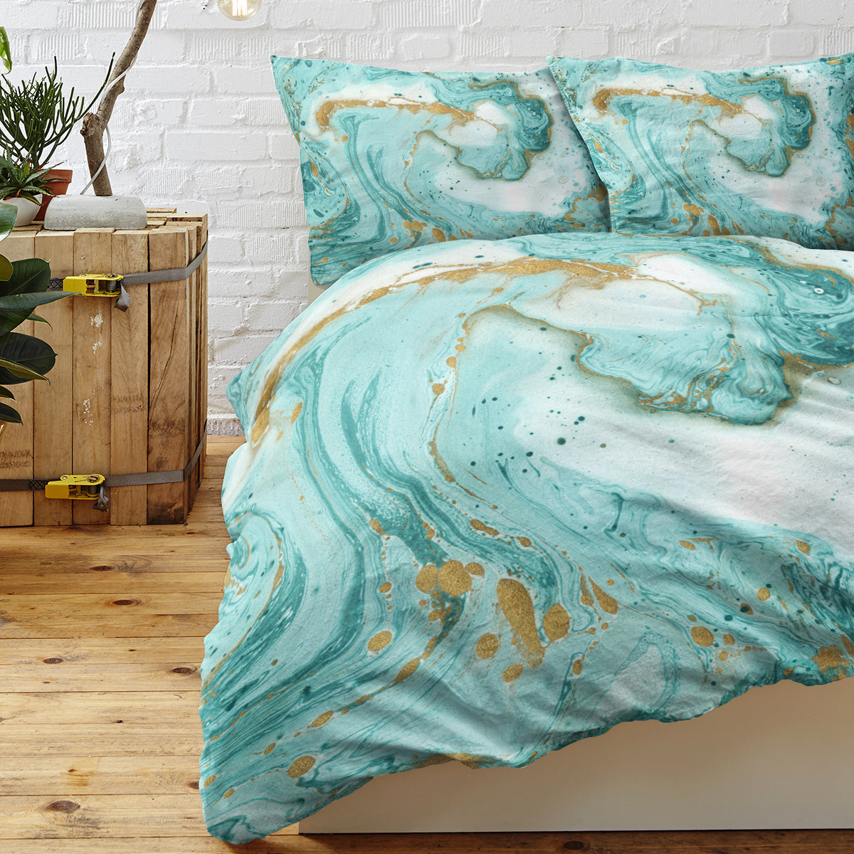 Luxury Marble Duvet Cover – Teal Blue & Gold Glitter Chic Bedding Set